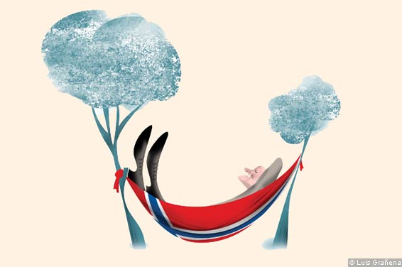 Illustration showing a man sleeping on a Norwergian flag as a hammock